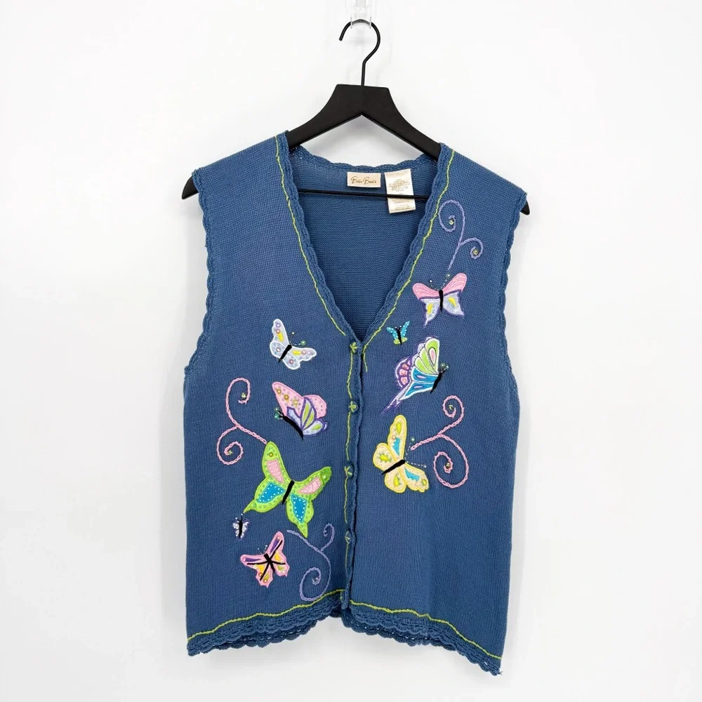 Bobbie Brooks Fairycore Embellished Embroidery Butterfly Knit Vest Blue Large